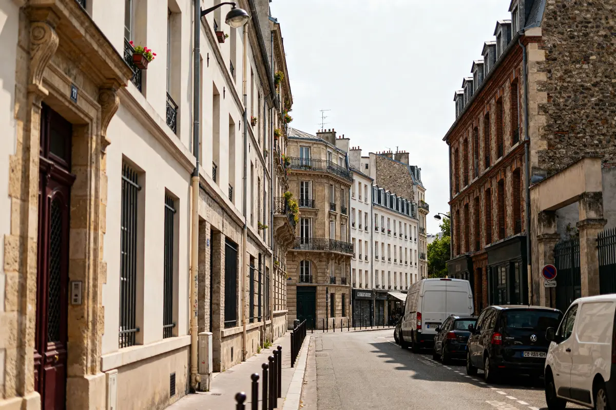 Rue résidentielle calme à Croulebarbe avec immeubles haussmanniens et voitures stationnées