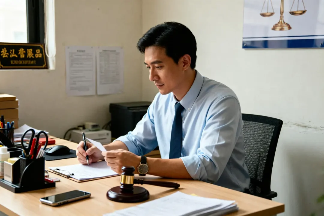 Un homme en bureau écrit des documents avec ape affichage obligatoire visible au mur