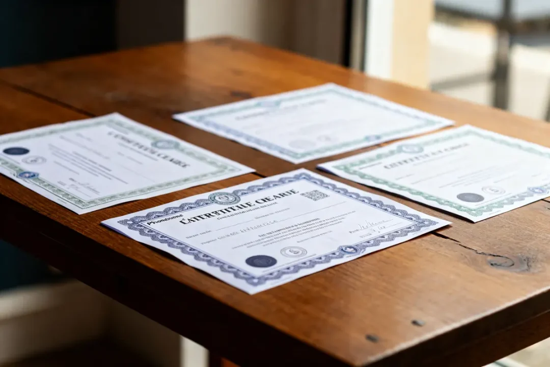 Quatre attestations de prise en charge disposées sur une table en bois brun clair
