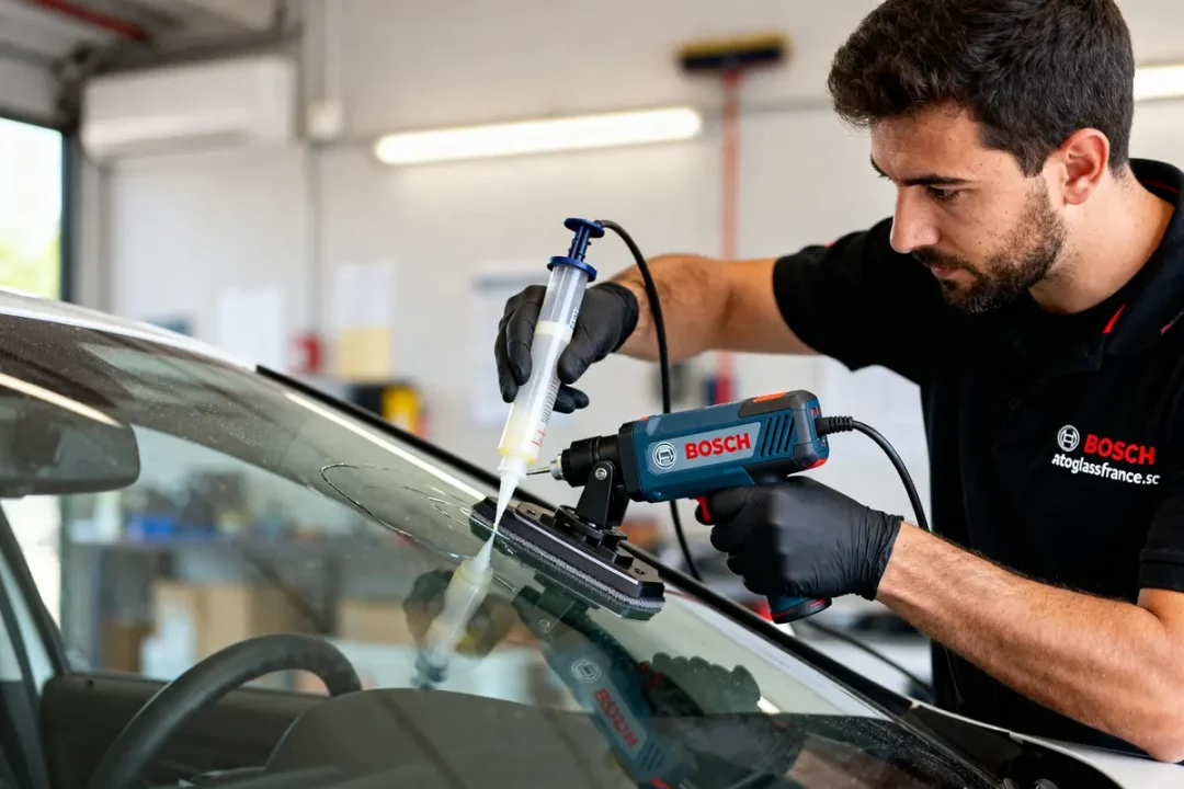 Technicien réparant un pare-brise avec autoglassfrance.fr technologies et outils Bosch dans un garage