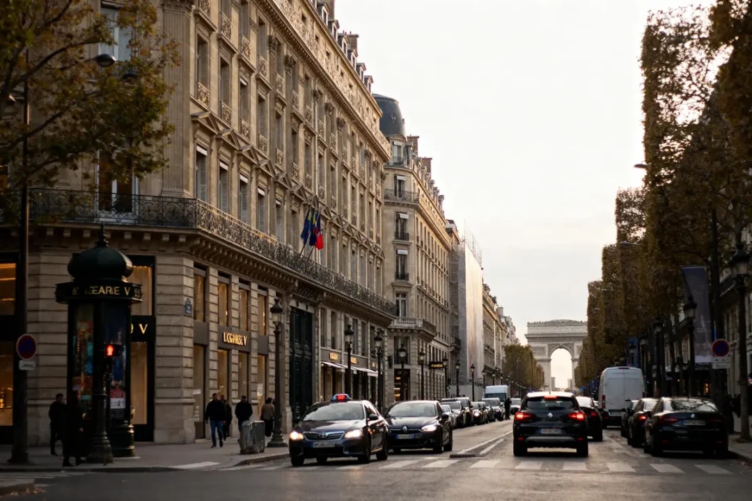 Voitures circulant sur l'avenue George 5 avec vue sur l'Arc de Triomphe