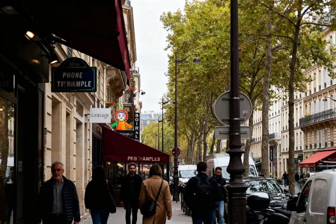 Promenade urbaine animée sur le boulevard du Temple avec passants et commerces variés