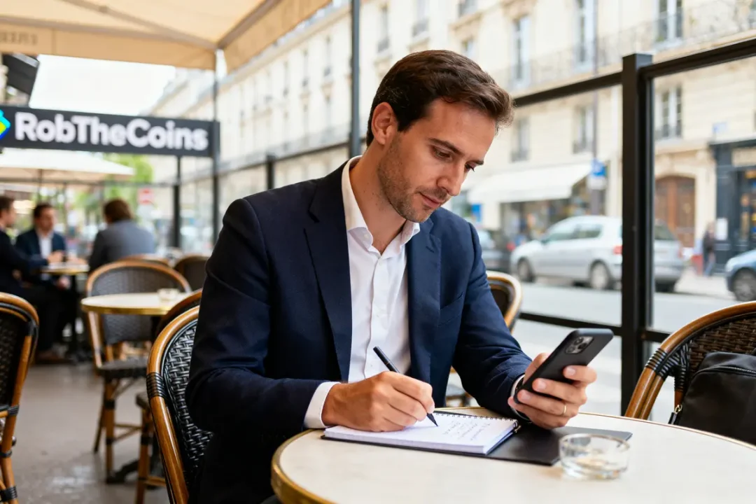 Homme en costume prenant des notes sur mobile dans un café business tips robthecoins
