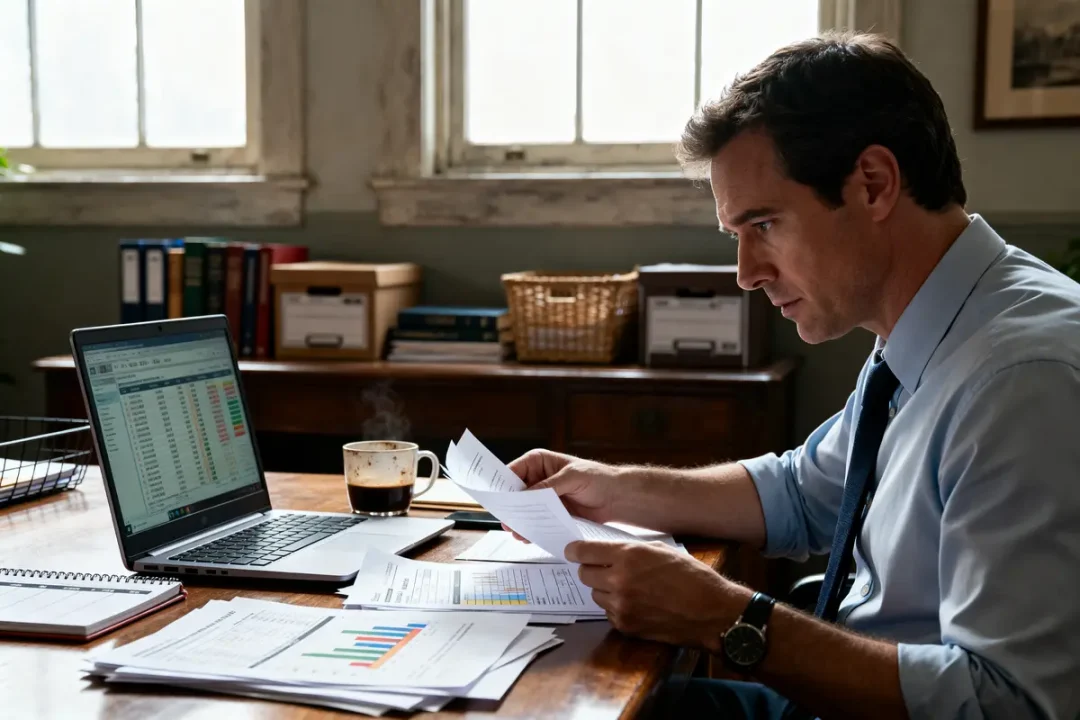 Homme analysant des tableaux financiers pour comprendre la daf signification au bureau