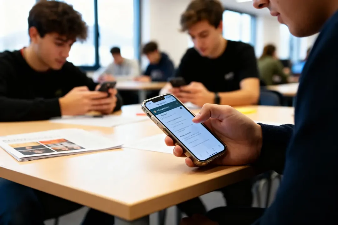 Des étudiants en classe utilisent des smartphones pour accéder à entauvergne.fr pendant un cours