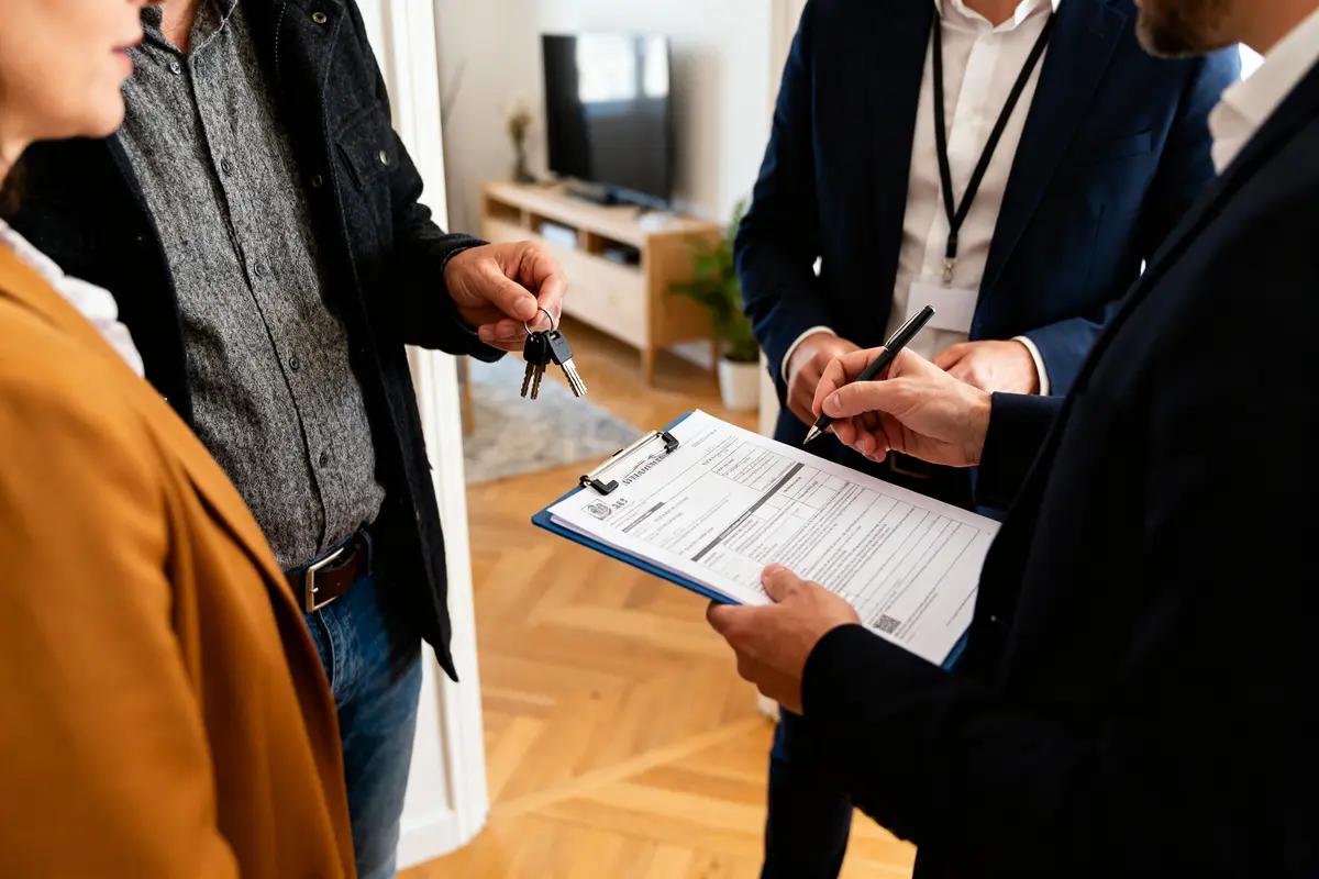 Personnes signant contrat et remettant clés avec gestionnaire locatif en environnement domestique.
