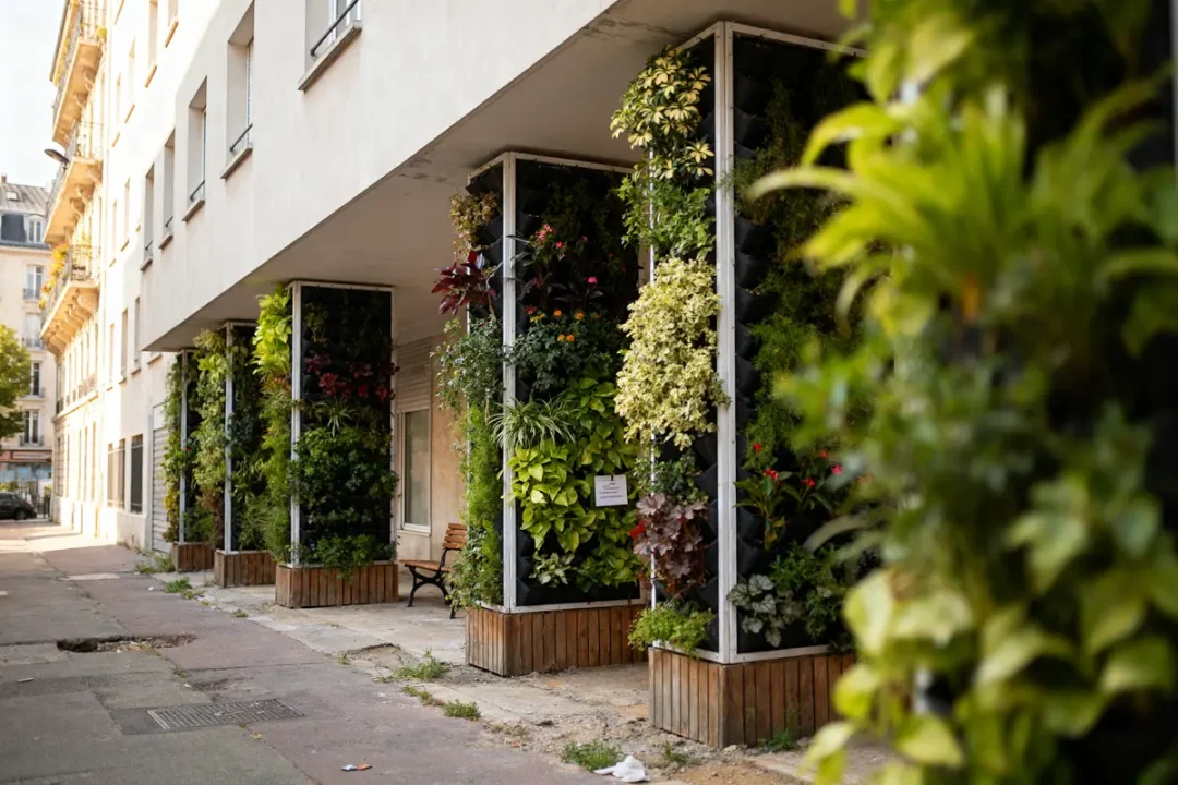 Immeuble moderne avec habillage des pieds d’immeuble végétalisé sur des colonnes verticales verdoyantes