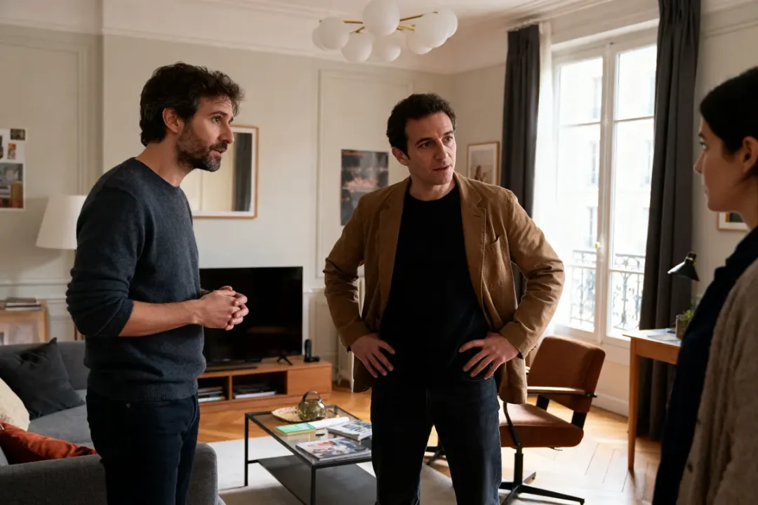 Personnes discutant dans un salon moderne in ll avec canapé et télévision.