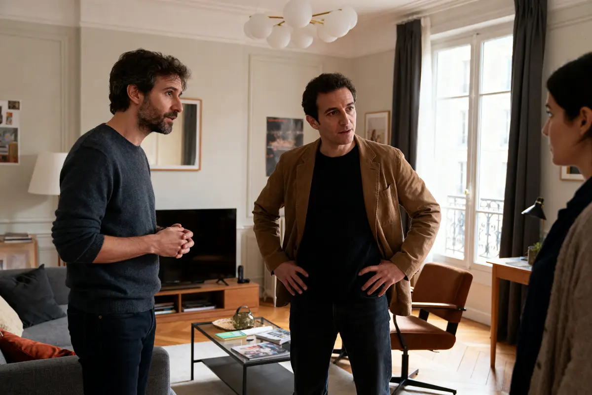 Personnes discutant dans un salon moderne in ll avec canapé et télévision.