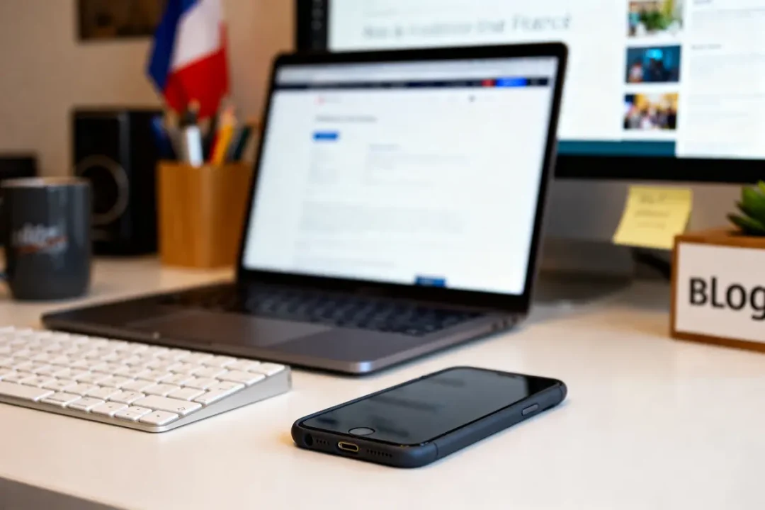 Clavier, smartphone, et écran affichant infonovateur blog sur un bureau moderne avec décorations Frankreich.