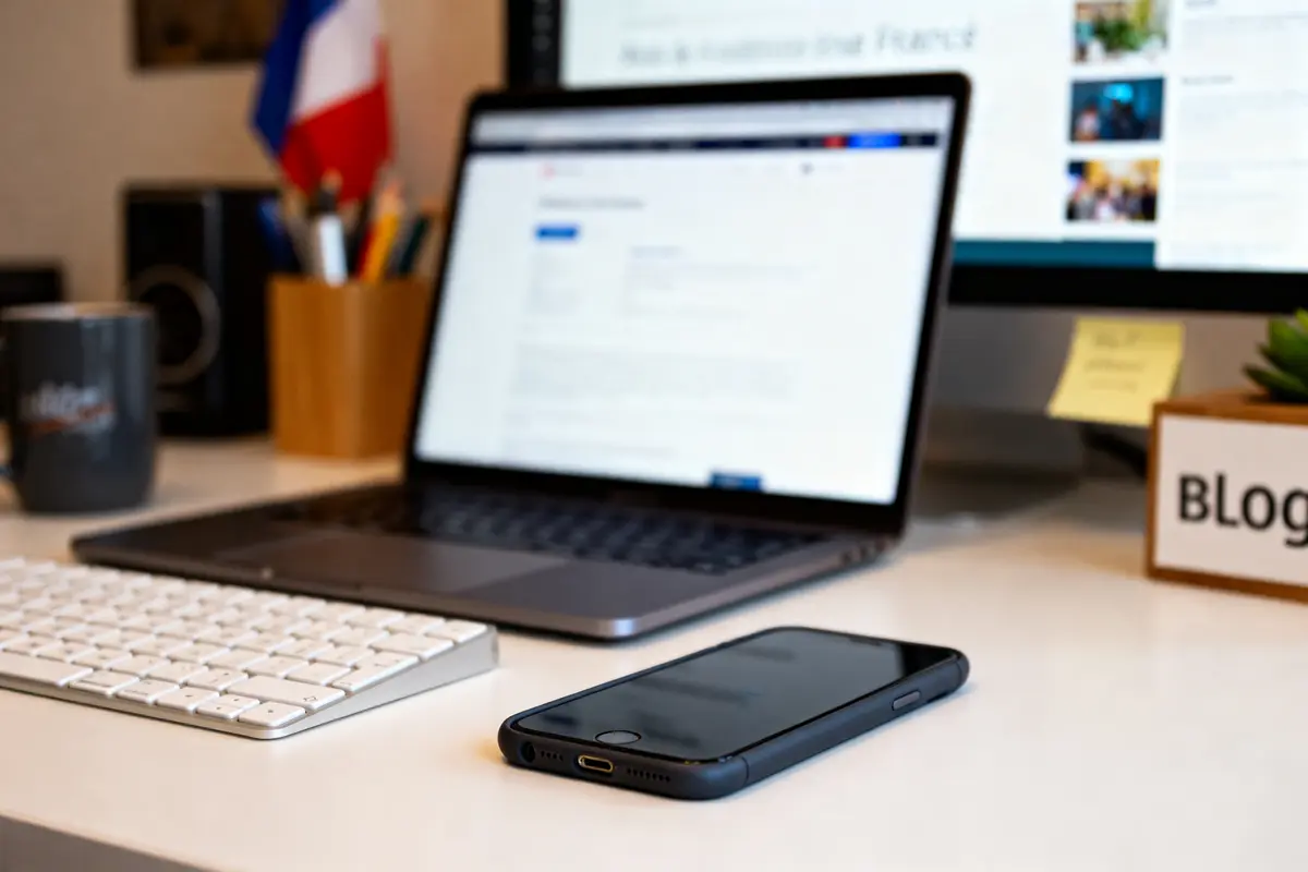 Clavier, smartphone, et écran affichant infonovateur blog sur un bureau moderne avec décorations Frankreich.