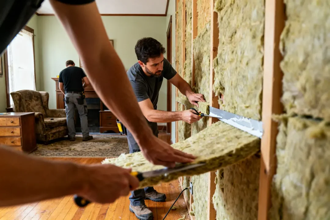Des ouvriers installant un isolant mural dans une maison pour l'isolation pour 1 euro