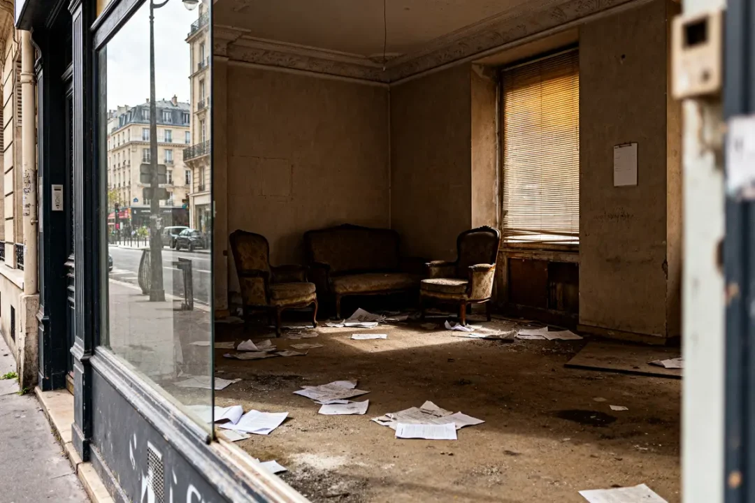 Intérieur délabré d'un local commercial paris avec mobilier ancien et papiers au sol