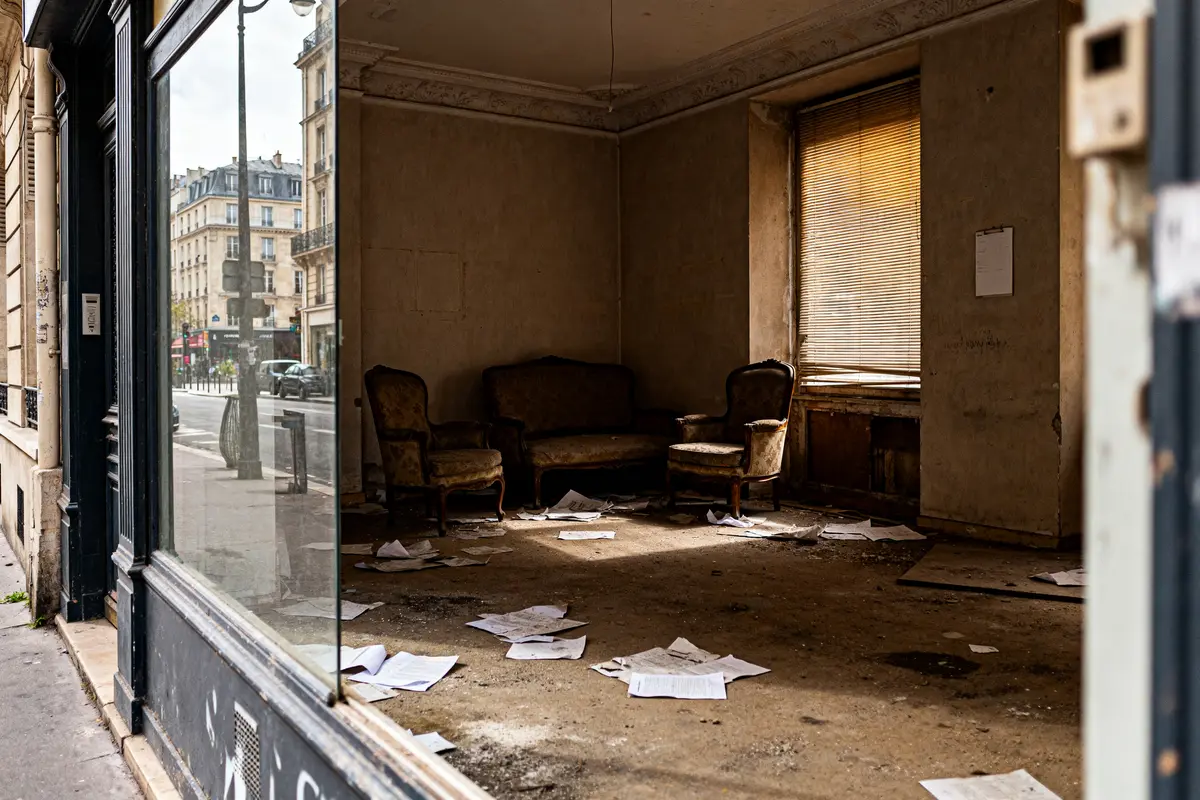 Intérieur délabré d'un local commercial paris avec mobilier ancien et papiers au sol