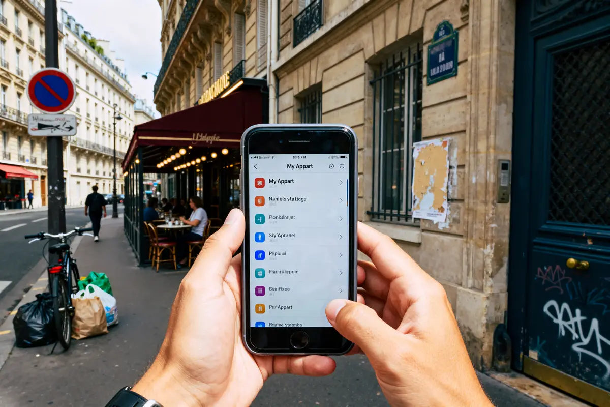 Personne utilisant l'application My Appart avis dans une rue animée de Paris