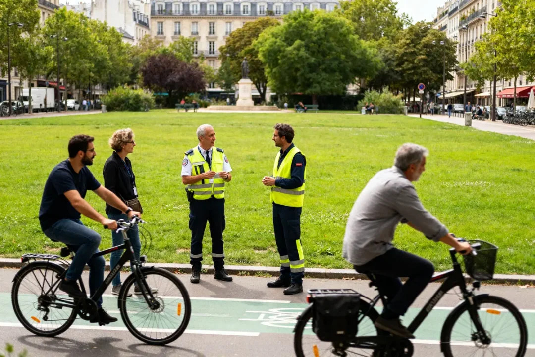 Cyclistes et agents de sécurité échangent sur la place Félix Éboué par beau temps