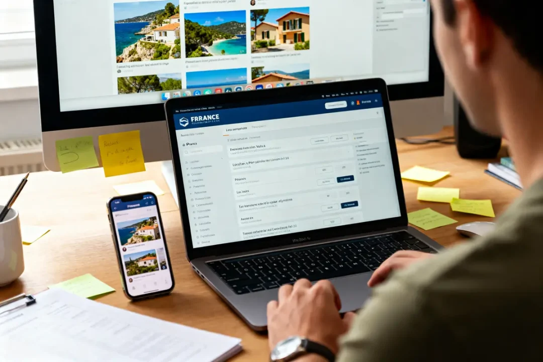 Homme consultent plateforme immobilière propitea sur ordinateur et smartphone, bureau avec post-it