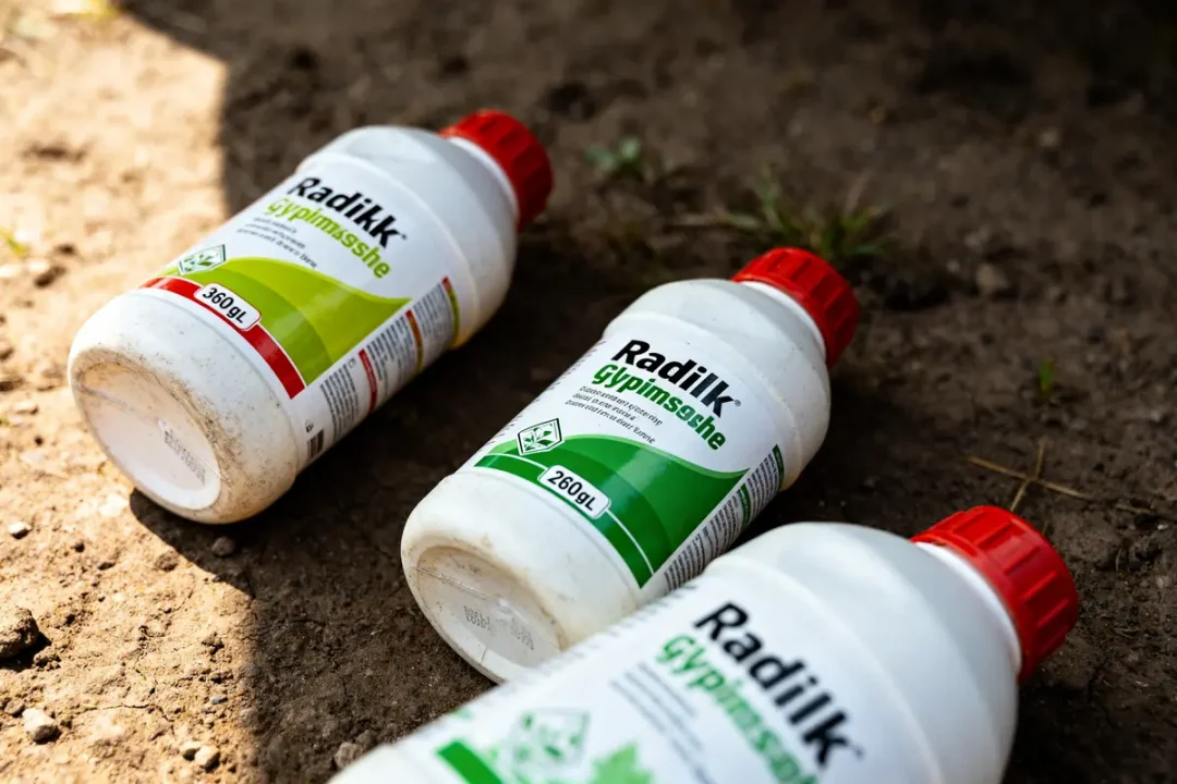 Trois bidons de radikal glyphosate posés sur le sol terreux
