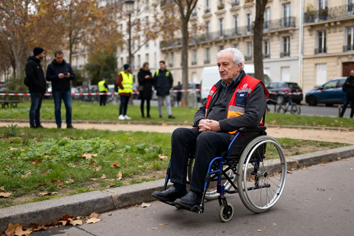 Vieil homme en fauteuil roulant lors d'une manifestation après Roger Madec mort.