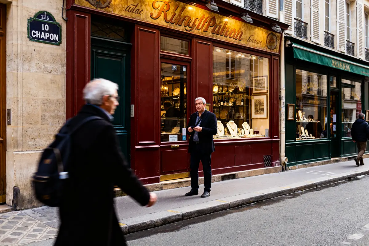 Magasin de bijoux ancien sur rue Chapon avec passants et vitrines élégantes attrayantes