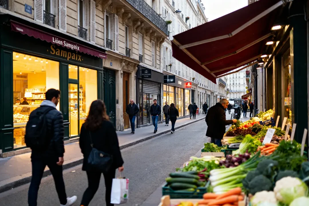 Scène animée d'une rue commerçante sur rue Lucien Sampaix avec étals de légumes