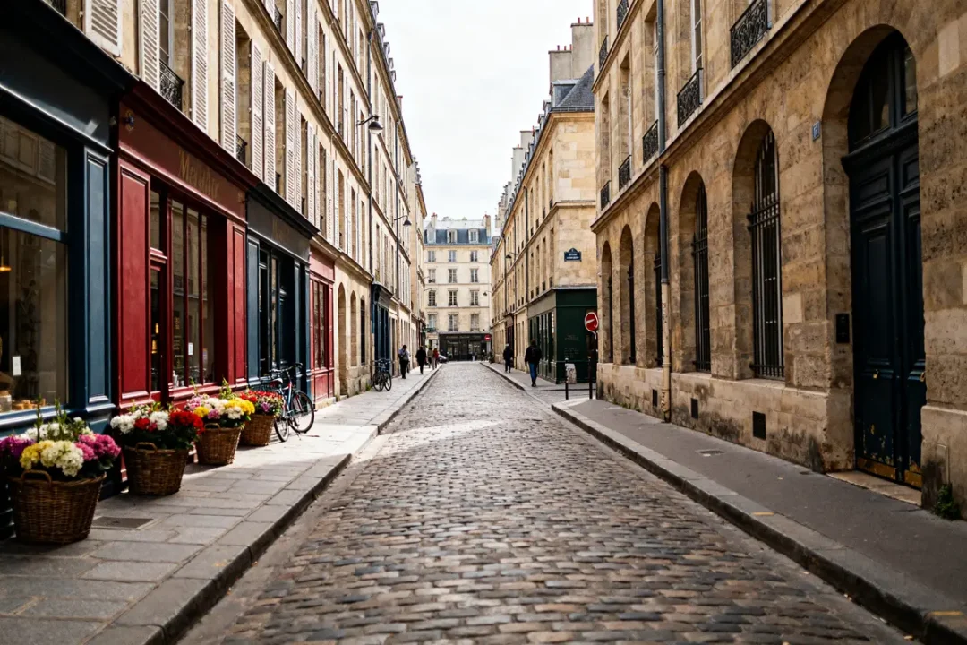 Rue Pavée avec pavés et bâtiments historiques à Paris fleurs et vélos présents