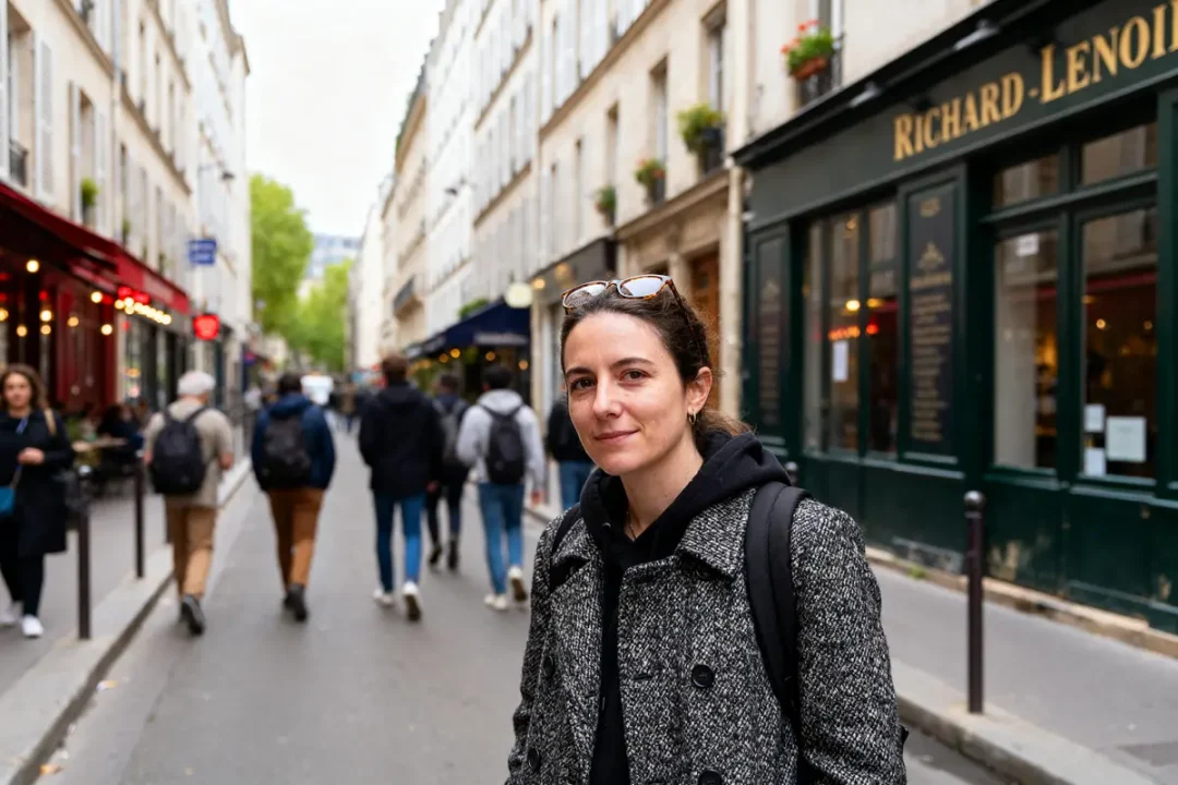 Personne marchant sur la rue Richard Lenoir à côté d'un café animé