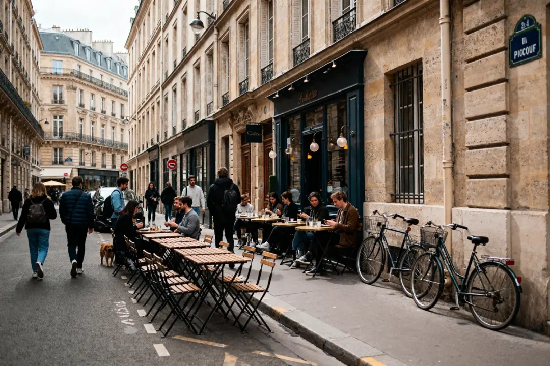 Café animé avec terrasses et passants rue Surcouf Paris avec vélos appuyés contre le mur