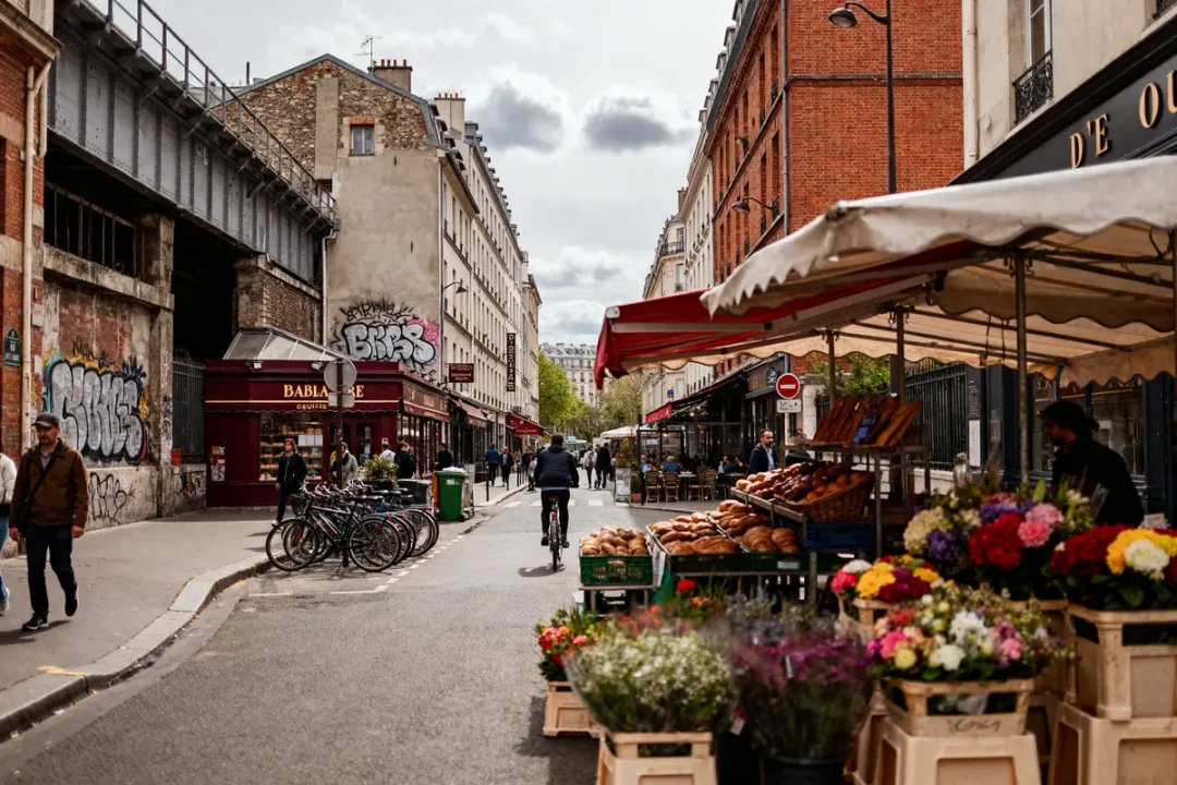 Scène animée avec marché coloré sur la rue de l’Ourcq, cycliste et graffitis urbains
