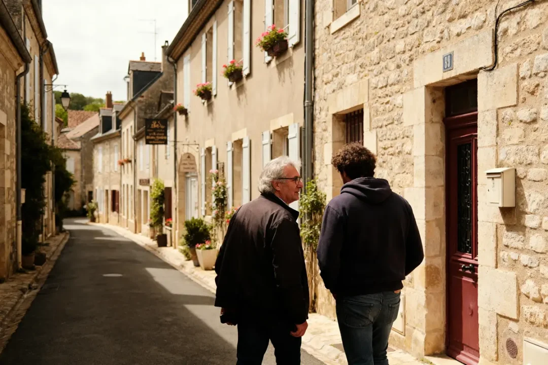 Deux hommes discutent dans la rue des Châteaux des Rentiers bordée de maisons fleuries
