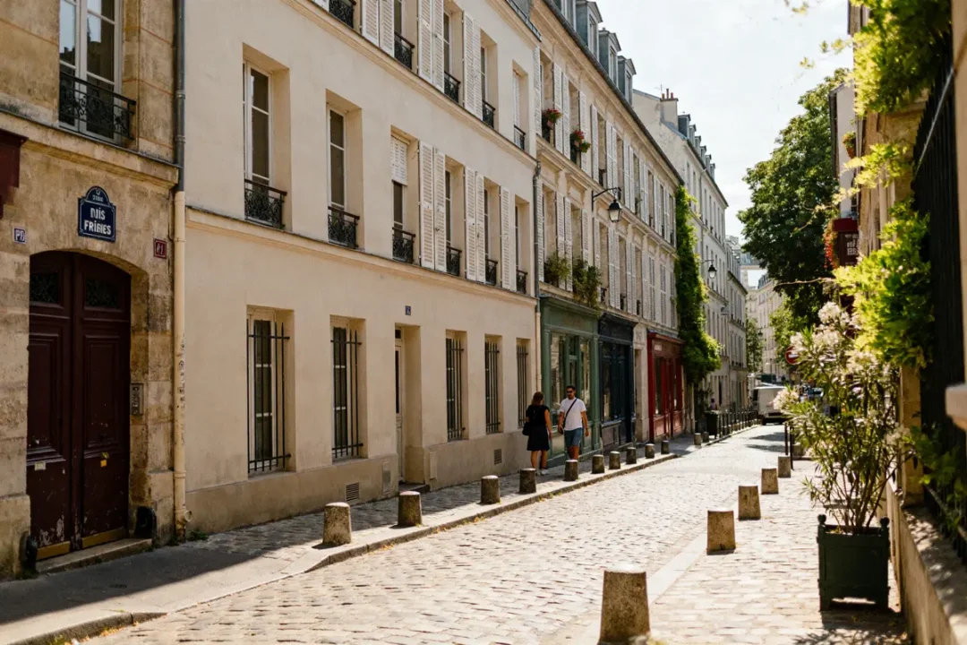 Bâtiments parisiens et passants dans la rue des Trois Frères sous le soleil d'été