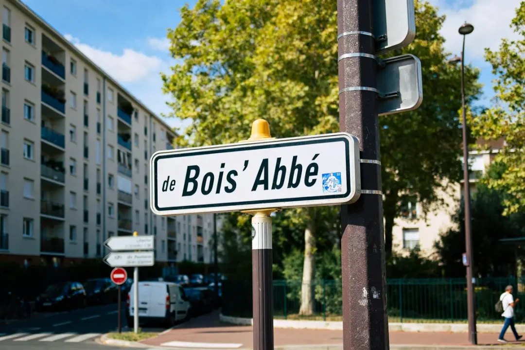 Panneau de signalisation sur rue du Bois l’Abbé avec immeubles et arbres en arrière-plan