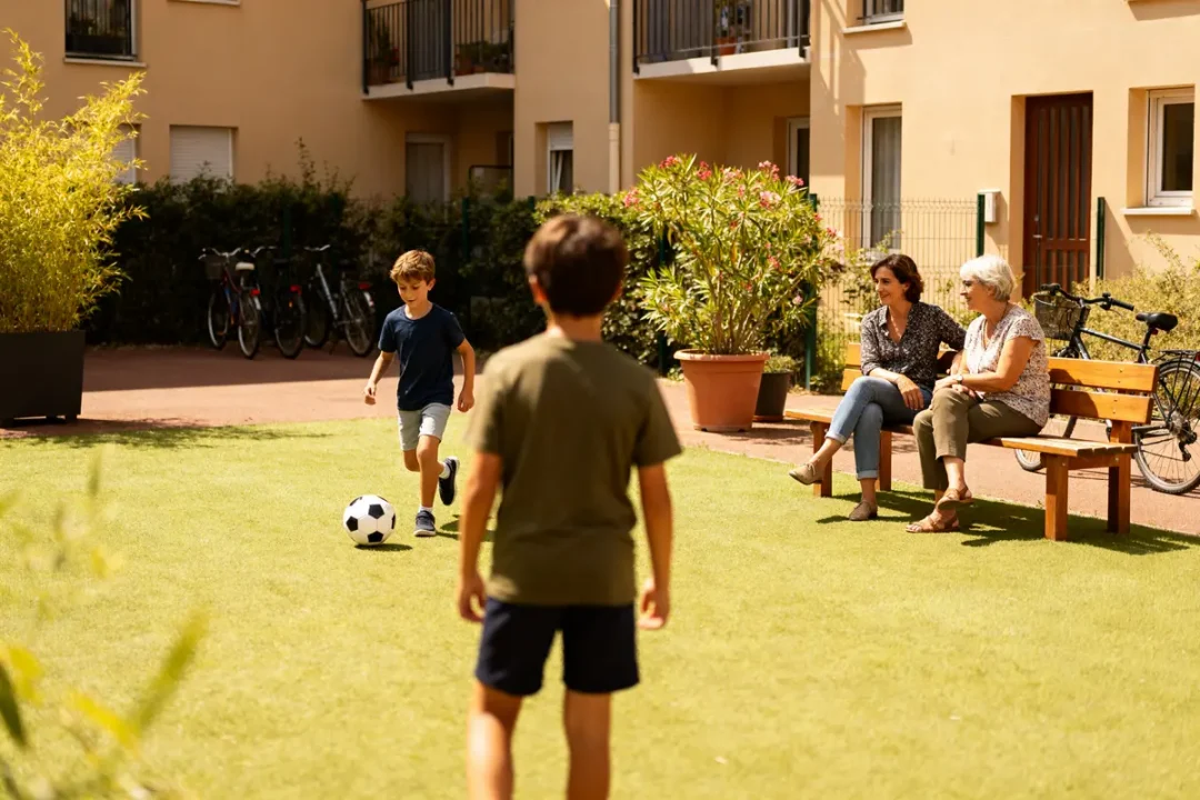 Deux enfants jouent au football dans une résidence de 1001 Vies Habitat avec spectateurs.