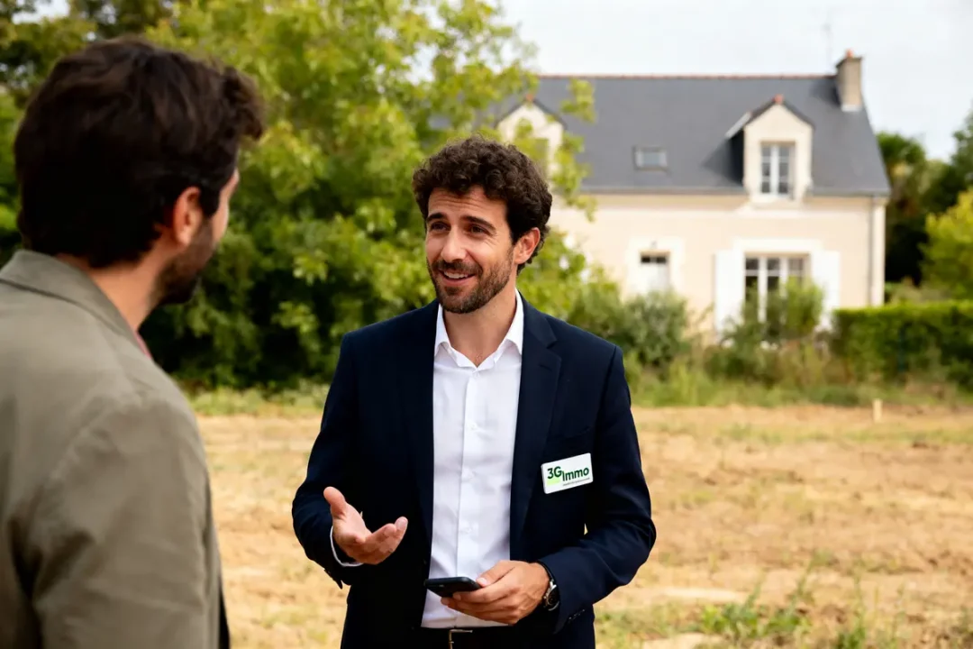 Agent immobilier 3G Immo discutant avec un client devant une maison à vendre