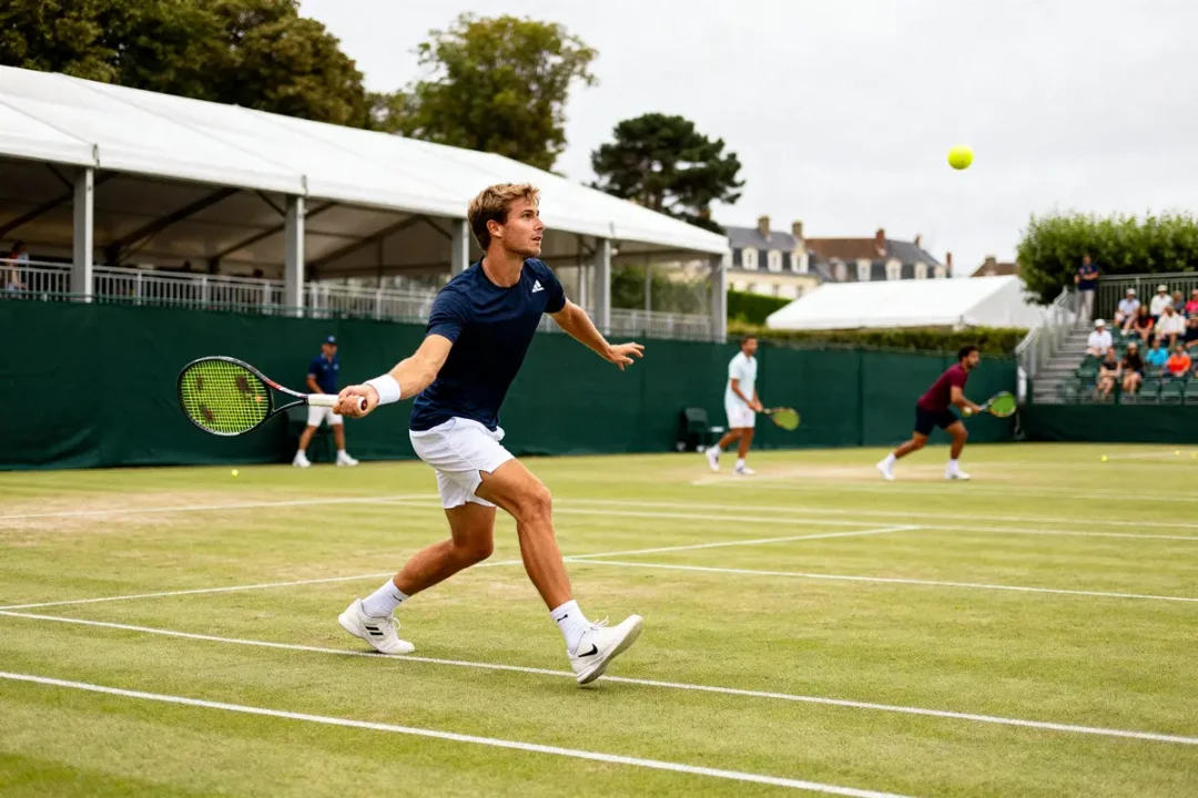 Joueur de tennis en action sur gazon avec service de l'agence LTCDN en arrière-plan