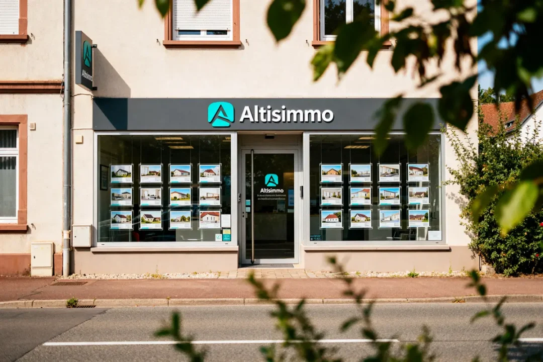 Façade de l'agence immobilière Altisimmo avec affiches de maisons en vitrine