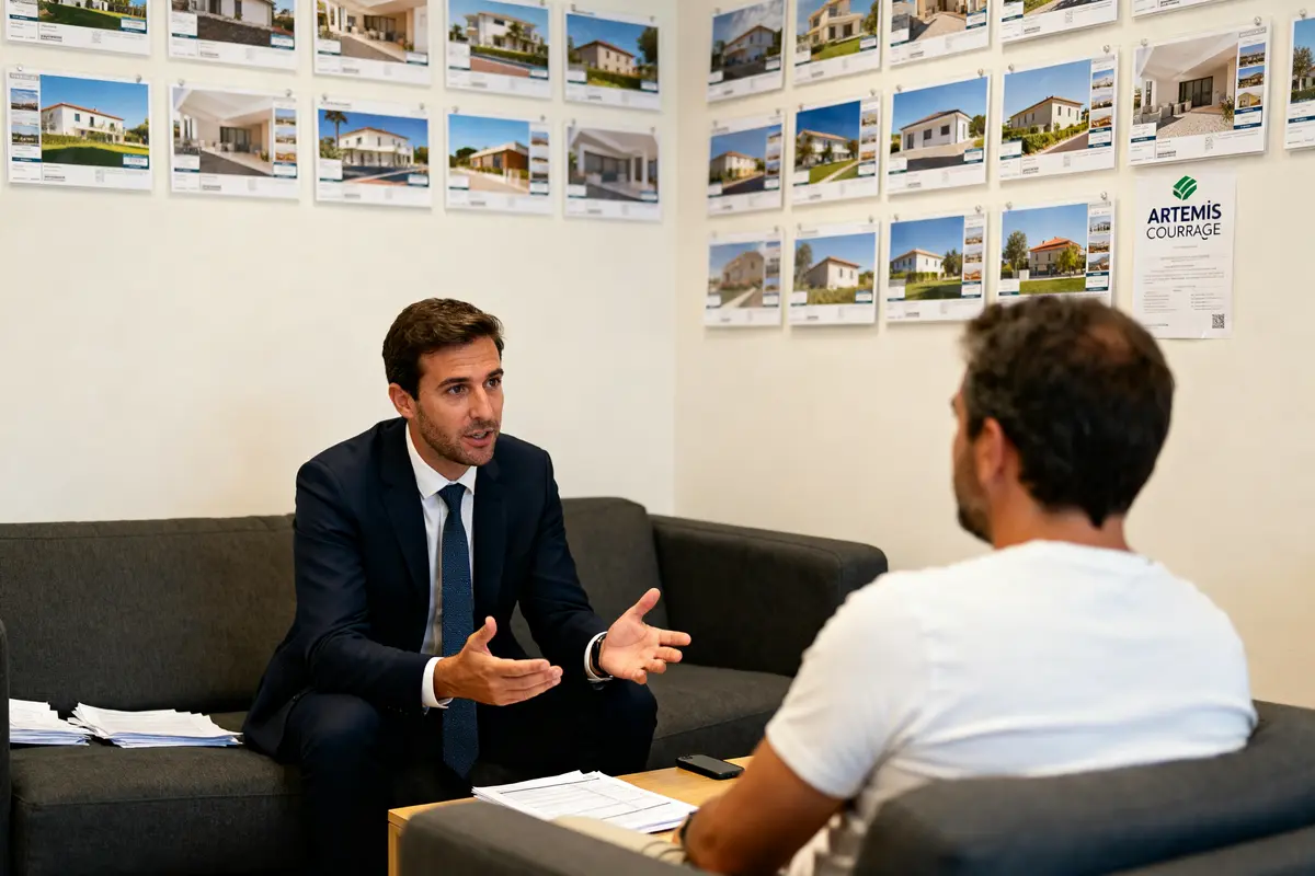 Réunion entre conseiller et client dans une agence immobilière Artemis Courtage spécialisée en crédits.