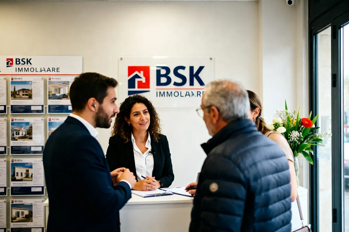 Agents et clients discutant dans une agence BSK Immobilier moderne et accueillante