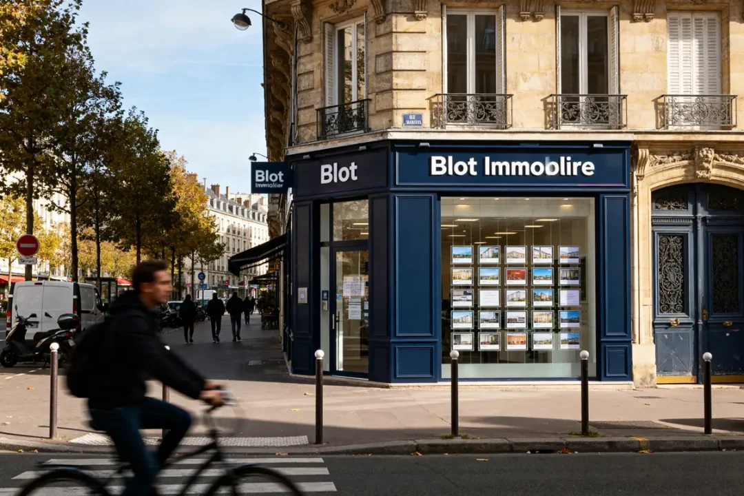 Façade d'agence Blot Immobilier à un coin de rue animé par des passants et cyclistes