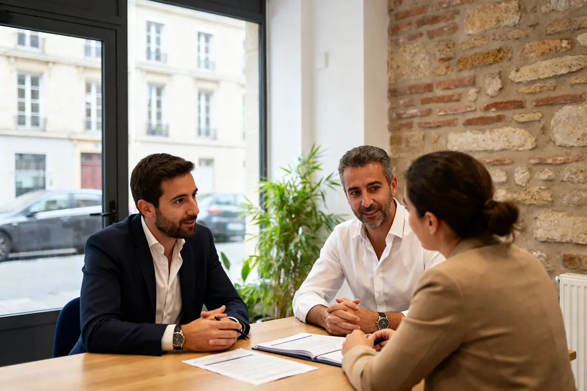 Réunion professionnelle au bureau pour discuter du projet Bras Immobilier à Nantes