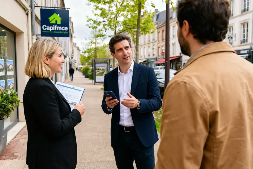 Discussion entre trois personnes devant une agence immobilière Capifrance