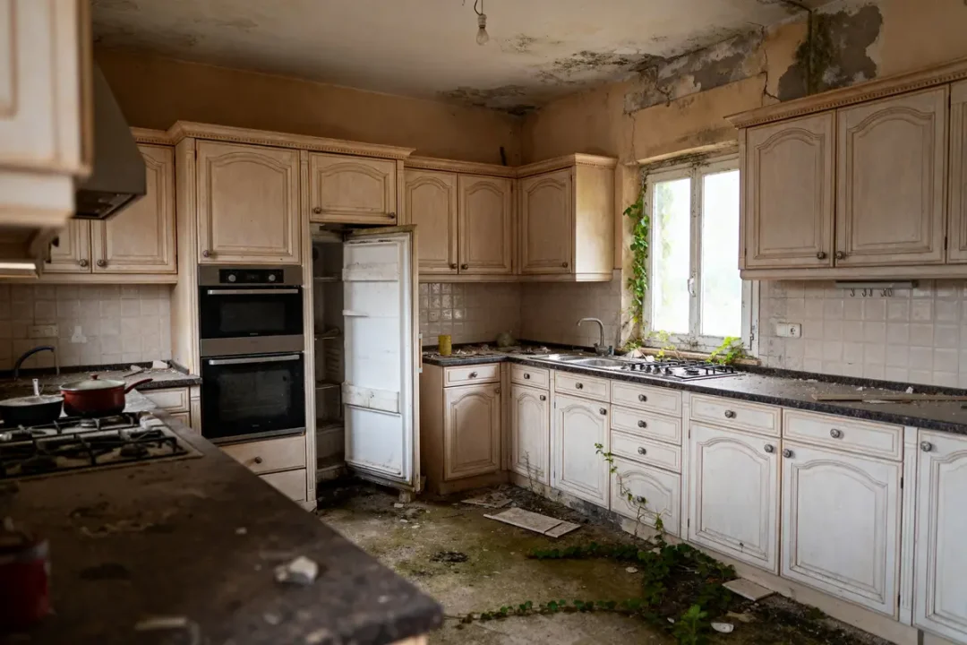 Cuisine avec meubles anciens et végétation envahissante, style de Coream Cuisine abandonnée