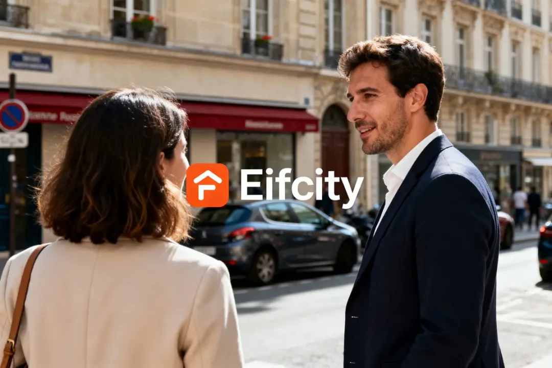 Deux personnes discutent devant des immeubles avec le logo d’Efficity en surimpression.