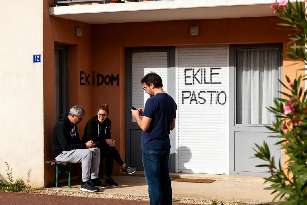 Personnes assises devant un graffiti mentionnant Ekidom sur le mur d'une maison