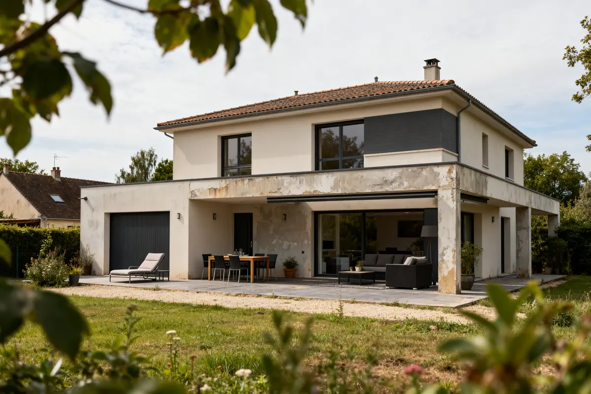 Maison moderne avec terrasse et jardin représentant le charme des maisons européennes.