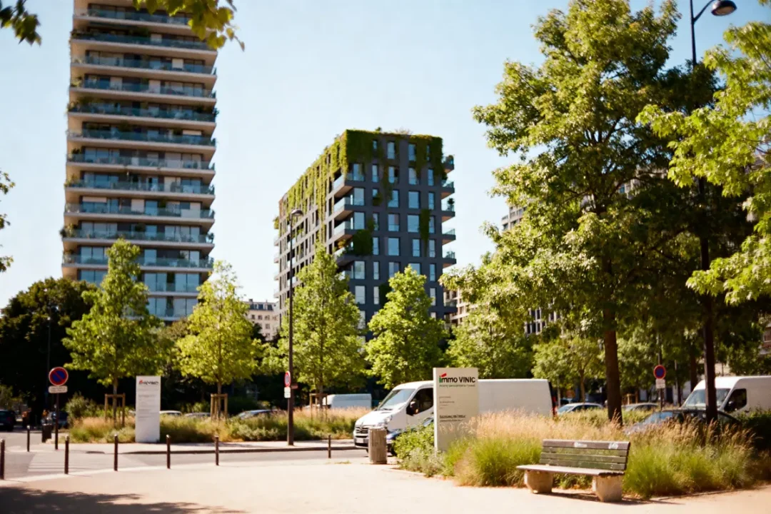 Bâtiments modernes entourés de verdure promus par la société immobilière Immo Vinci