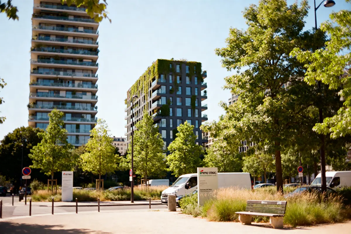 Bâtiments modernes entourés de verdure promus par la société immobilière Immo Vinci