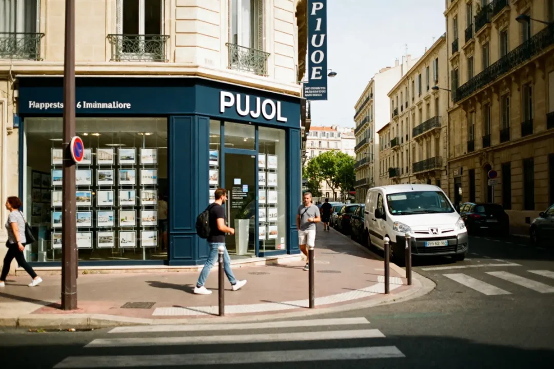 Façade d'agence Immobilière Pujol à l'angle d'une rue passante en ville
