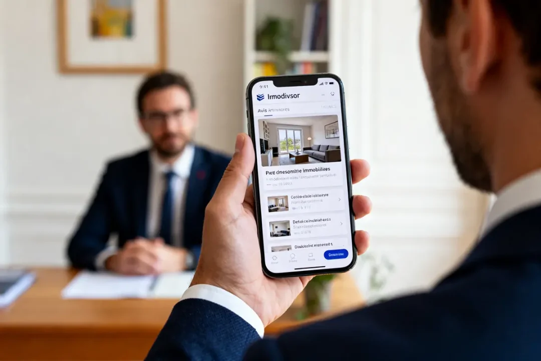 Homme consultant les avis Immodvisor sur un smartphone en face d'un conseiller immobilier