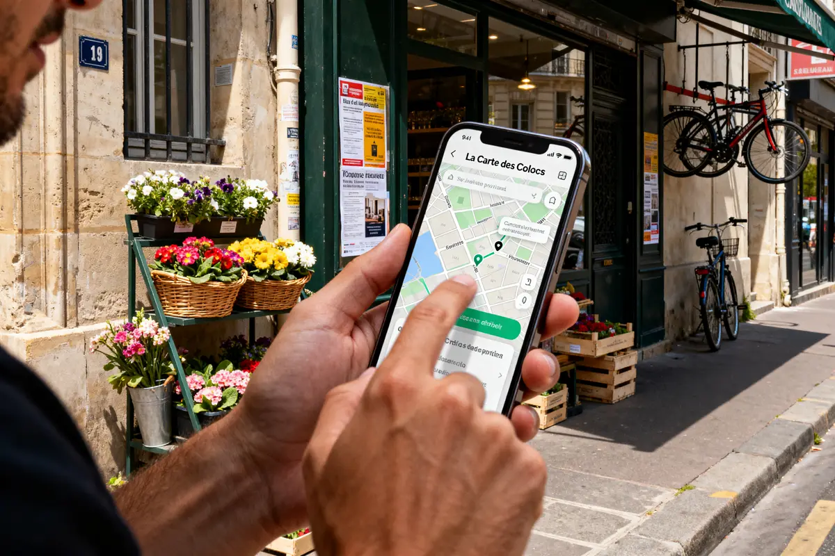 Personne utilisant l'application La carte des colocataires devant un magasin de fleurs coloré